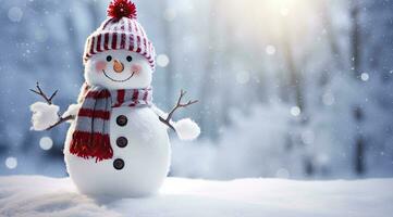 AI generated Happy snowman in the winter scenery. AI Generated photo