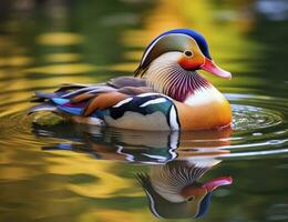 ai generado de cerca de mandarín Pato nadando en lago. generativo ai. foto