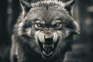 AI generated Greyscale closeup shot of an angry wolf with a blurred background. AI Generated photo