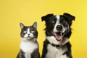 AI generated Cat and dog together with happy expressions on yellow background. AI Generated photo
