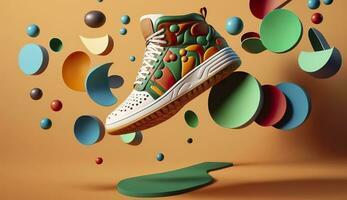 AI generated Flying trendy sneakers on creative colorful background, Stylish fashionable concept. AI Generated photo