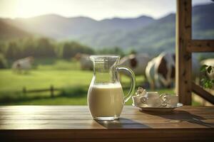 ai generado vaso lanzador con Fresco Leche en un de madera mesa. ai generado foto