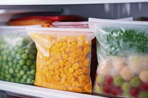 AI generated Frozen food in the freezer. Frozen vegetables. AI Generated photo