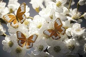 ai generado goden mariposas con blanco flores ai generado foto