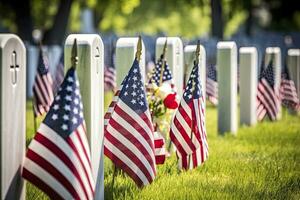 AI generated Military Headstones and Gravestones Decorated With Flags for Memorial Day.  AI Generated photo