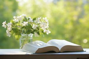 AI generated Jasmine flowers in a vase and open book on the table, green natural background. AI Generated photo