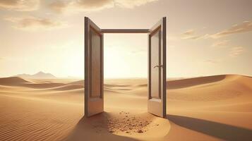 ai generado el abrió puerta en el desierto. desconocido y comienzo arriba concepto. ai generado. foto