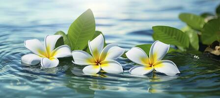 ai generado plumeria flores en verde hoja flotante en agua. un pacífico y sereno escena con un toque de naturaleza y belleza. ai generado foto