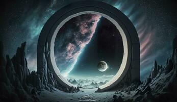 AI generated Portal to another world. Futuristic cosmic landscape with circle tunnel in starry sky. Generative AI photo