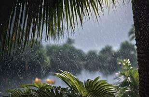 ai generado lluvia en el zona tropical durante el bajo temporada o monzón estación. gotas de lluvia en un jardín. generativo ai foto