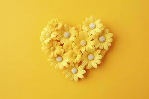 AI generated Yellow Heart Shaped By Yellow Daisies Over Yellow Background. AI Generated photo