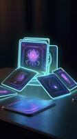 AI generated Some playing cards with glowing neon designs on a tablet. Generative AI photo