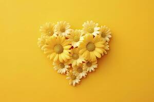 AI generated Yellow Heart Shaped By Yellow Daisies Over Yellow Background. AI Generated photo