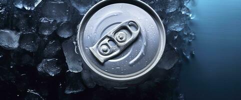 AI generated Top of drink tin can iced submerged in frost ice, metal aluminum beverage. Generative AI photo