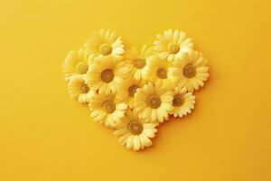 AI generated Yellow Heart Shaped By Yellow Daisies Over Yellow Background. AI Generated photo