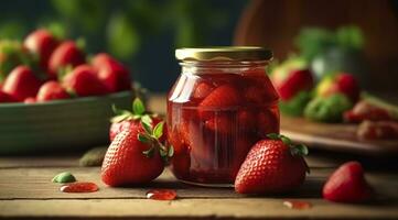 AI generated Strawberry jam and fresh berries. Generative AI photo