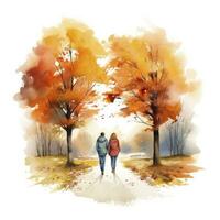 AI generated Watercolor autumn landscape with a couple walking. AI Generated photo