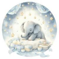 AI generated An elephant on a bed with stars and blankets around the circle. AI Generated photo