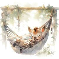 AI generated A sleepy baby zebra in a hammock. watercolor illustrations. AI Generated photo