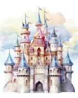 AI generated Colorful watercolor kawaii castle isolated on white background. AI Generated photo