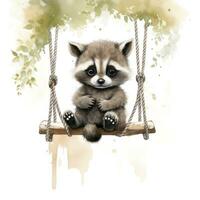 AI generated Cute baby raccoon in watercolour style, sitting on swings attached to the tree. AI Generated photo