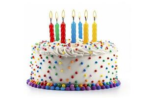 AI generated Colourful birthday cake with candles isolated on white background. AI Generated photo