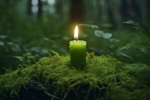 ai generado ardiente vela en musgo, oscuro verde borroso el natural antecedentes. magia vela. generativo ai foto