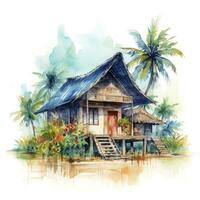 AI generated A watercolored bright serene image of a traditional bahay kubo. AI Generated photo