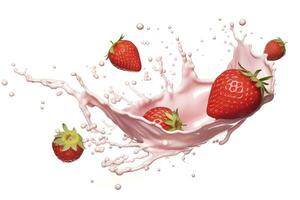 AI generated milk or yogurt splash with strawberries isolated on white background, 3d rendering. AI Generated photo