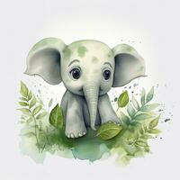 AI generated Happy cute baby elephant in green leaves in the watercolor style. AI Generated photo