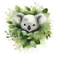 ai generado contento linda coala en hojas en el acuarela estilo en el blanco antecedentes. ai generado foto