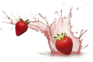 AI generated milk or yogurt splash with strawberries isolated on white background, 3d rendering. AI Generated photo