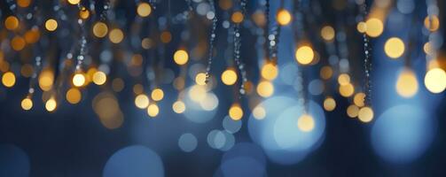 AI generated holiday illumination and decoration concept, Christmas garland bokeh lights over dark blue background. AI Generated photo