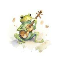 AI generated Watercolor green frog playing a tiny musical instrument on white background. AI Generated photo