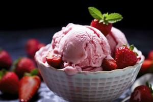 ai generado fresa hielo crema con Fresco fresas ai generado foto