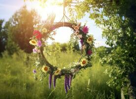 AI generated Rustic wildflowers wreath on a sunny meadow. Summer Solstice Day, Midsummer concept. Generative AI photo