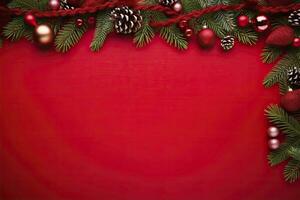 AI generated Christmas or New Year red background with fir decor. AI Generated photo