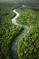 ai generado aéreo ver de el amazonas selva paisaje con río doblar. generativo ai foto