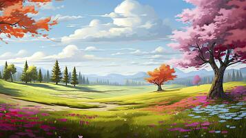 AI generated Spring season with colorful flowers and trees in a pretty meadow or field. AI Generated. photo