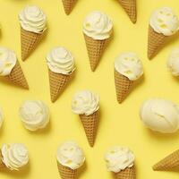 AI generated Ice Cream pattern on yellow background, top view. AI Generated photo