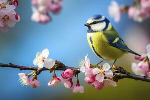 ai generado un bluetit pájaro descansando en el rama de un árbol. ai generado. foto