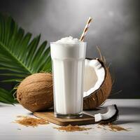 AI generated Coconut milk shake glass with fresh sliced coconut. Generative AI photo