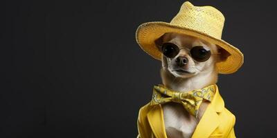 AI generated Cool looking Chihuahua dog wearing funky fashion dress. space for text right side. Generative AI photo