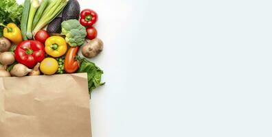 AI generated Healthy food in paper bag vegetables and fruits on white background. AI Generated photo