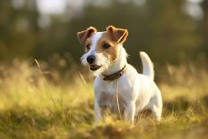 ai generado contento Jack Russell terrier mascota perro espera, escuchando en el césped. ai generado foto