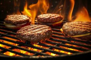 AI generated Hamburgers on the grill. AI Generated photo