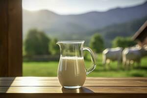 AI generated Glass pitcher with fresh milk on a wooden table. AI Generated photo