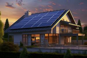 ai generado moderno casa con azul solar paneles en el techo. final de el día, puesta de sol. ai generado foto
