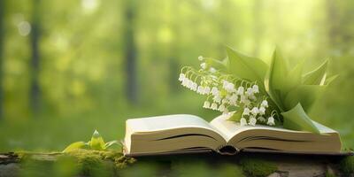 AI generated Lily of the Valley flowers and old books in the forest, green natural background. AI Generated photo