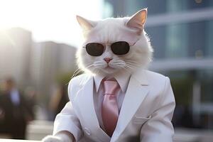 AI generated A cat is wearing sunglasses, suit and standing on street. AI Generated photo